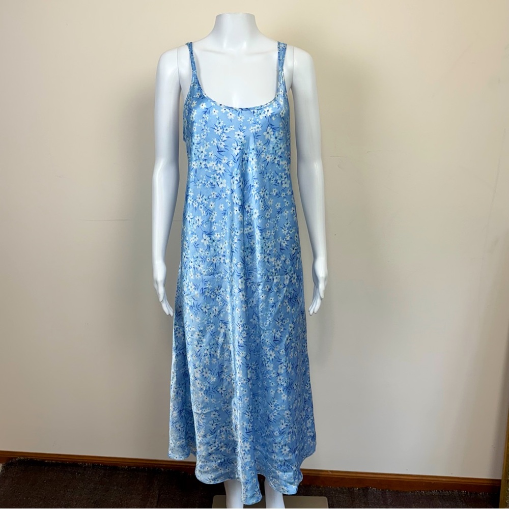 Oscar De La Renta Blue Floral Maxi Slip Dress Satin Nightgown Sz L